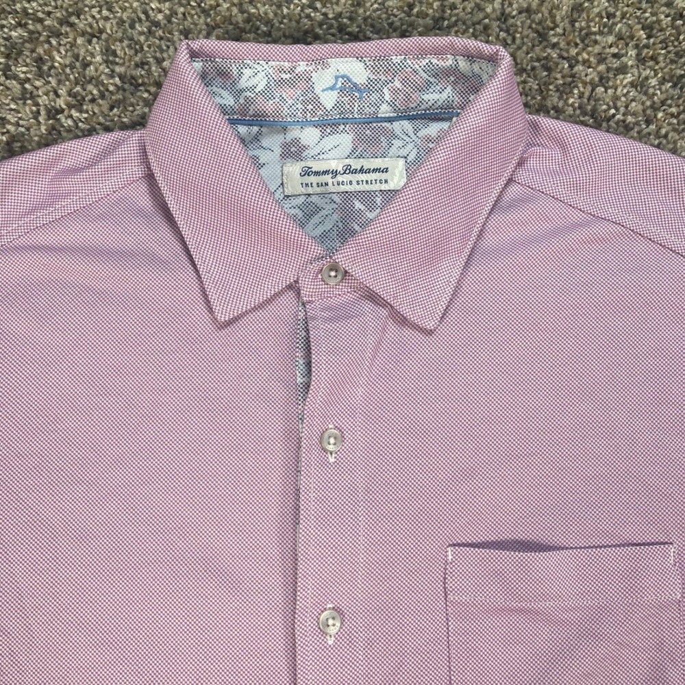 Tommy Bahama San Lucio Mens Large Stretch Shirt Purple Micro Check Short Sleeve